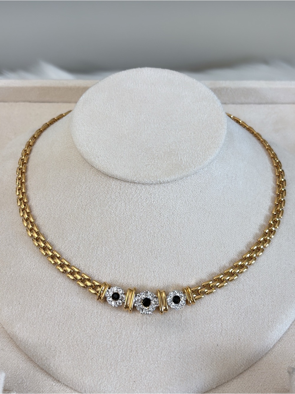 D’Orlan Gold Tone Chain Necklace with Black and White Swarovski Crystal Accents